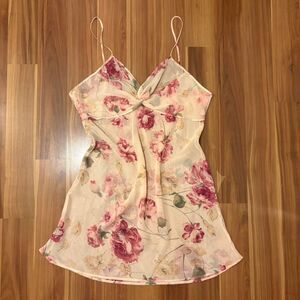 cream and pink floral twist front spaghetti strap sheer long camisole blouse